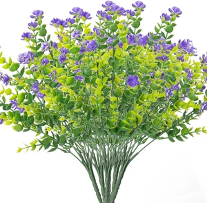 Outdoor UV Resistant Fake Flowers 6 Bundles Purple Green Faux Plants Decor - Picture 1 of 7