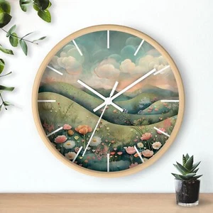 Floral Hill Clock Flowers on the Hillside Design Analog Clock 10" Wood Frame - Picture 1 of 7