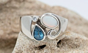 10 Kt Weißgold Opal, Blautopas & Diamant Unikat Statement Ring 3,2 Gramm - Bild 1 von 10