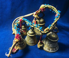 Vtg 5 Graduating Etched Heavy BRASS Buddhist Temple SAMA BELLS Beads & Hemp Rope