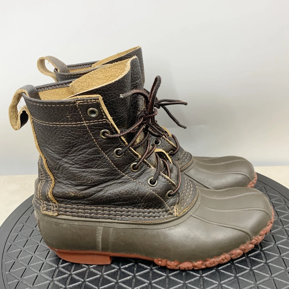 LL Bean Duck Botas Mujer Talla 7 Zapatos Marrón Cuero Bisonte Rojo Goma 8" Medio Foto 1 de 4