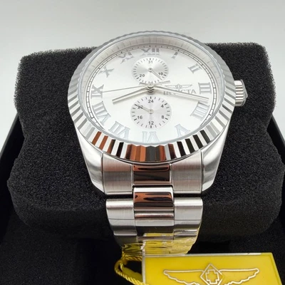 NUEVO Reloj Hombre INVICTA Fecha Romana Platino Plata Acanalado Oyster Acero Inoxidable Foto 1 de 4