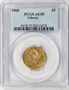 1908 $5 Liberty Gold Half Eagle PCGS AU55 - Picture 1 of 4