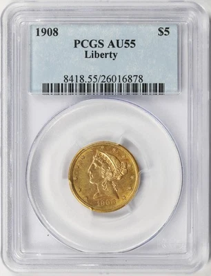 1908 $5 Liberty Gold Half Eagle PCGS AU55 - Image 1 of 4