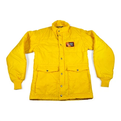 Vintage Swingster Jacket Adult SMALL Yellow Quilted Puffer Farm Seed Work 80s - Image 1 of 4