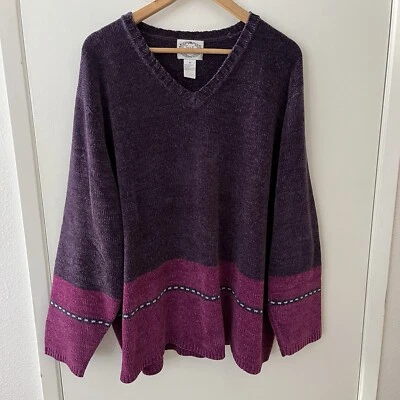 Suéter de chenilla Stitches In Time púrpura cuello en V talla grande 3X Foto 1 de 3