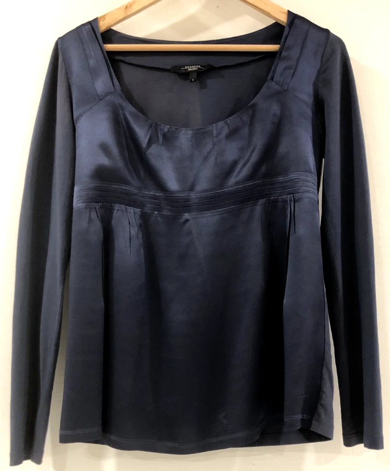 Blusa de satén Max Mara Weekend talla pequeña azul marino oscuro manga larga cuello redondo Foto 1 de 4