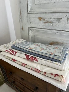 BUNDLE antique CUT BLUE CHECK & FLORAL cotton fabrics lot CRAFT c1900/50 - Picture 1 of 24