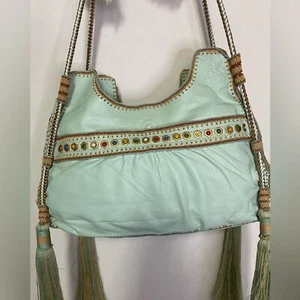 Buba, bag, Turquoise Spiral embroidered in sequins, made of handmade leather - Picture 1 of 16