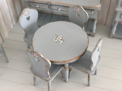 Dolls house Miniature 1:12 Hand Painted Table & Chair Set Duck Egg Blue Flowered - Image 1 of 4