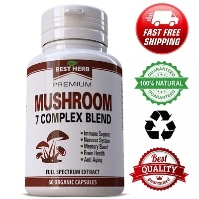 MUSHROOM 7 COMPLEX BLEND 60 ORGANIC PILLS REISHI LIONS MANE SUPPLEMENT - Image 1 of 4