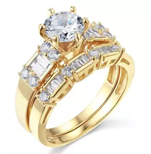 2.75 Ct Round 14K Yellow Gold Simulate Diamond Engagement Ring Set Matching Band - Picture 1 of 7