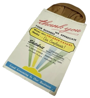 Vtg Shilobrit Dry Cleaners Advertising Pocket Square Hanky Brown Gold Oshkosh WI - Image 1 of 4