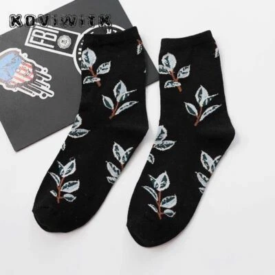 1 par de calcetines informales transpirables de algodón con estampado de flores de plantas para mujer Moda Foo Foto 1 de 4