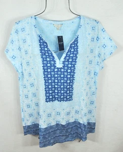 Lucky Brand Women's Blouse L Summer Blue Bohemian Border Print Shirt Top NWT - Picture 1 of 10