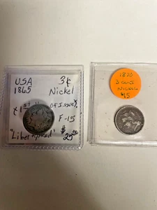 1865 and 1870 Three Cent Nickel Piece 3C Ungraded civil war era - Picture 1 of 8