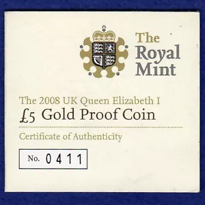 Royal Mint 2008 UK £5 Gold Proof COA, Certificate ONLY (Ref. t0595) - Picture 1 of 4