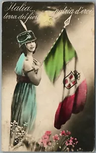 ITALIA PATRIOTIC ANTIQUE REAL PHOTO POSTCARD RPPC GIRL w/ ITALIAN FLAG - Picture 1 of 2