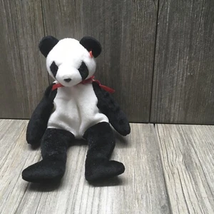 Ty Beanie Babies Panda Bear FORTUNE 1998 B&W Red Bow No Tags - Picture 1 of 12