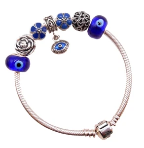 NEW PANDORA SILVER BRACELET BLUE EVIL EYE PROTECTION GOOD LUCK EUROPEAN CHARMS! - Picture 1 of 6