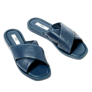 Ex M&S Women's Leather Flat Open Toe Sliders in Navy UK 5.5 RRP £35 #4469 - Picture 1 of 5