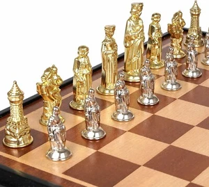 15" Roman Metal Chess Set - Wooden Chess Board With Metal Chess Pieces - Picture 1 of 7
