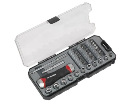 Sealey Premier 38pc Fine Tooth Ratchet Long Reach Screwdriver Socket & Bit Set - Image 1 of 3