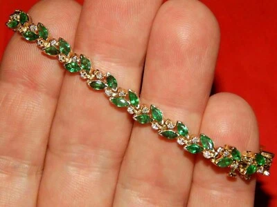 Marquise Cut Natural Emerald & Diamond Flower Tennis Bracelet 14k Yellow Gold - Image 1 of 4