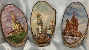 Miniature Paintings of Russian Cathedrals on Birchwood Live Edge Slab - Picture 1 of 10