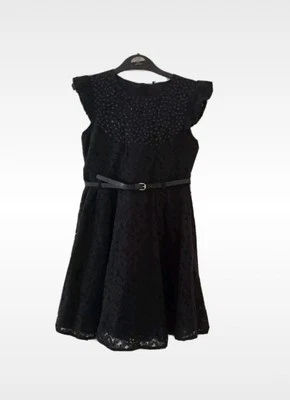 Girls Black Party Dress 7–8 Years – Lace, Sequins, Glitter Belt, Cap Sleeves,... - Image 1 of 4