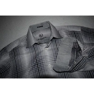 Camisa de vestir Bugatchi Uomo para hombre talla mediana gris diseños geométricos puños abatibles - Imagen 1 de 7
