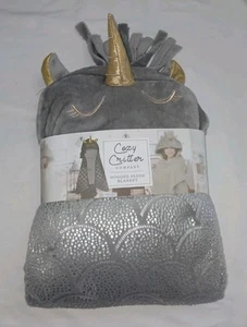 Cozy Critter Kids Hooded Bath Robe Plush Sleep Blanket Cape Hood Silver Unicorn - Picture 1 of 4