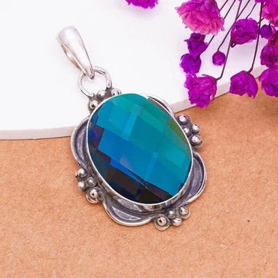 Colgante de plata de ley 925 maciza con topacio de fuego místico arco iris negro V8155 Foto 1 de 4