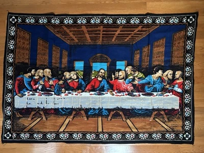 Vtg The Last Supper Jesus Wall Hanging Tapestry 40"x58" Velvet Turkey - Image 1 of 4