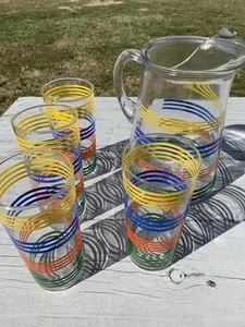 Vintage 70’s 6-Striped Drinking Glasses , 1 Matching Pitcher - Picture 1 of 7