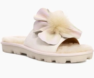 $160 NWB UGG AUSTRALIA Sz8.5US PRETTY SLIDE POM POM LEATHER SHEEPSKIN POWER PUFF - Picture 1 of 5