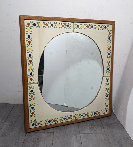 Vintage Antique Rustic Folk Art Solid Oak Wood Floral Ceramic Tile Wall Mirror Cover