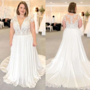 Cap Sleeve Wedding Dresses V-Neck Plus Size Lace Appliques Bridal Gowns Custom - Picture 1 of 13