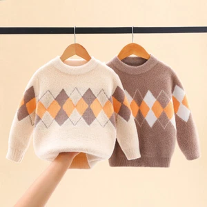 Kids Boys Knitted Shirt Top Jumper Sweater Argyle Pattern Pullover Casual Warm - Picture 1 of 15