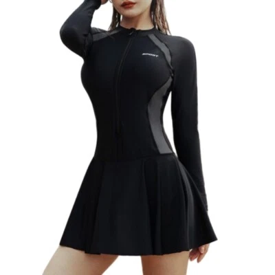 Women Swimsuit Long Sleeves Front Zippered Rashguard Swim Dress with Boyshorts - Image 1 of 4
