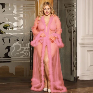 Übergröße Damen Sexy Nachthemd Nachtmantel Schlafrobe Fell Lang Netz Nachtkleid - Bild 1 von 10