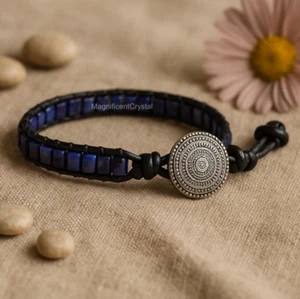 Natural Lapis Lazuli Hematite Ladder Blue Leather Bracelet Unisex Jewelry Gifts - Picture 1 of 7