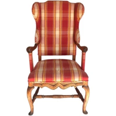 Antique Swedish Gustavian Birch Plaid Upholstered Wingback Armchair c. 1770 - Image 1 of 4