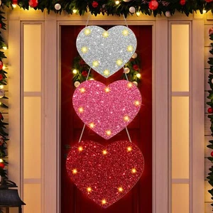 3 Pcs Lighted Valentines Day Wooden Hanging Glitter Heart Shape Door Decor - Picture 1 of 6