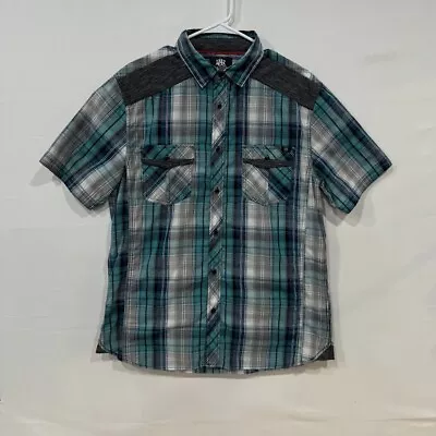 Rock & Republic Men's Plaid Western Shirt L Short Sleeve Blue Gray - Image 1 of 4