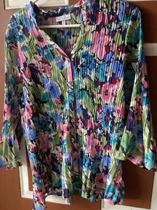 Fashion Bug Blouse Sheer Pleated Button Up Womans XL Floral Long Sleeve Blouse - Picture 1 of 5