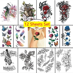 Set of 12 Sheets - Waterproof Temporary Tattoo Stickers Flowers Arm & Body Art - Picture 1 of 9