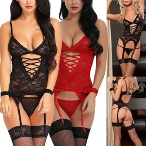 Mujeres Sexy Encaje Ropa de dormir Lencería Chemise Babydoll Prendas para dormir Tanga Conjunto de peluche - Imagen 1 de 24