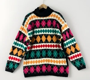 Vintage Casual Corner Women's Argyle Sweater Sz Large Rabbit Hair Wool 80s - Picture 1 of 9