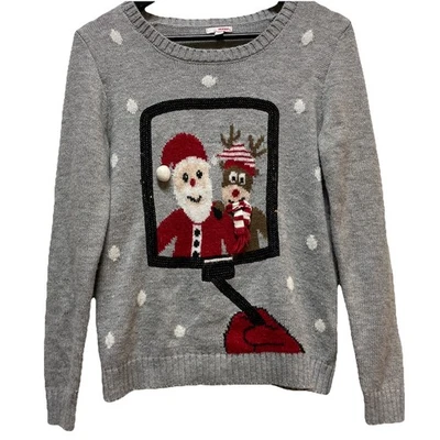 Suéter Bongo Feo Navidad Para Mujer Talla M Gris Santa Selfie Pic Reno Lentejuelas Foto 1 de 4